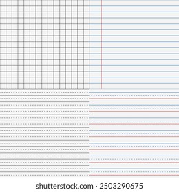 Líneas de cuadrícula negras sobre fondo de papel blanco. Líneas Horizontales azules y rojas en papel de libro de ejercicios. Patrón, gráfico, página, hoja, mosaico, línea discontinua.