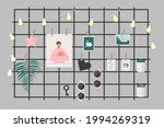 Black grid memo board with photos and various art decor vector illustration. Hanging clipping wire moodboard with lighting garland. Postcard mockup template. Modern interior design element