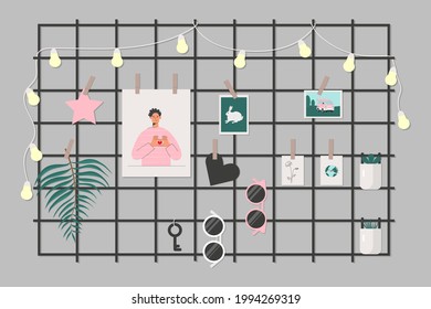 Black grid memo board with photos and various art decor vector illustration. Hanging clipping wire moodboard with lighting garland. Postcard mockup template. Modern interior design element
