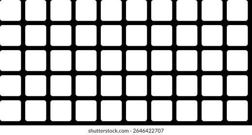 Black grid, mesh, with square holes with rounded smooth edges. Vector seamless endless repeating pattern with strict vertical and horizontal stripes on isolated background.