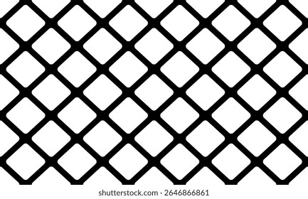 Schwarzes Gitter, Netz, mit quadratischen Löchern mit abgerundeten glatten Kanten. Vektor nahtloses endloses, sich wiederholendes Muster mit strengen diagonalen, symmetrischen, parallelen Streifen auf isoliertem Hintergrund.