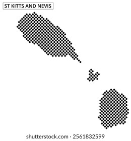 Black grid outline of St Kitts and Nevis is depicted on a textured background, highlighting the islands' geographical shape.