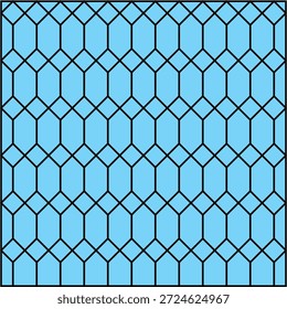 Black grid pattern created from diamonds and irregular hexagons on a sky blue background