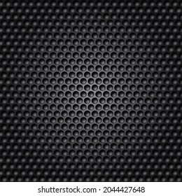 Black Grid with Regular Round Holes, or Spheres with Light Effect. Perforated Metal Texture Seamless Pattern Background, Dotted Technological Metallic Backdrop