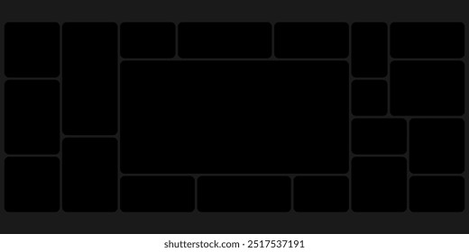 Black grid template bento box ui. Photo frame collage layout design. Puzzle mosaic blocks for picture gallery page. Dark mood board mockup horizontal banner. Flat y2k dashboard presentation slide