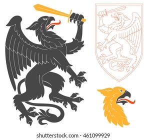 Black Griffin Illustration For Heraldry Or Tattoo Design Isolated On White Background. Heraldic Symbols And Elements