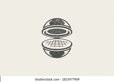 Black grill silhouette as symbol barbecue food preparation hand drawn stamp effect vector illustration. Vintage grunge texture emblem for bbq packaging and menu design or label decoration