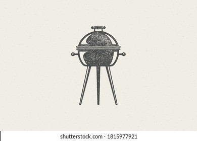 Black grill silhouette as symbol barbecue food preparation hand drawn stamp effect vector illustration. Vintage grunge texture emblem for bbq packaging and menu design or label decoration