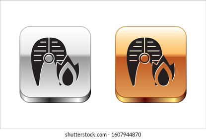 Black Grilled fish steak and fire flame icon isolated on white background. Silver-gold square button. Vector Illustration