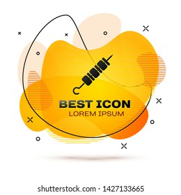 Black Grilled shish kebab on skewer stick icon isolated on white background. Meat kebab on skewer stick. Picnic with grilled meat. Fluid color banner. Vector Illustration