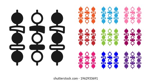 Black Grilled shish kebab on skewer stick icon isolated on white background. Meat kebab on skewer stick. Picnic with grilled meat. Set icons colorful. Vector