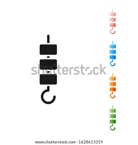 Black Grilled shish kebab on skewer stick icon isolated on white background. Meat kebab on skewer stick. Picnic with grilled meat. Set icons colorful. Vector Illustration