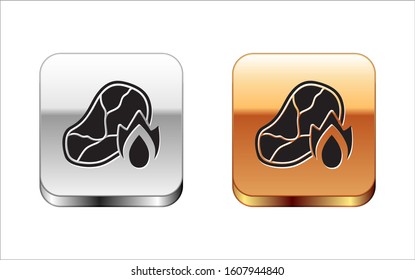 Black Grilled steak meat and fire flame icon isolated on white background. Silver-gold square button. Vector Illustration