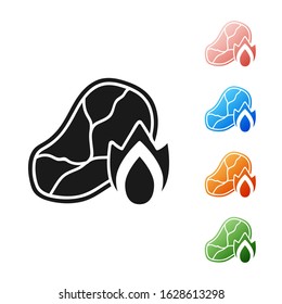 Black Grilled steak meat and fire flame icon isolated on white background. Set icons colorful. Vector Illustration
