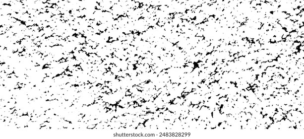 Black gritty grunge texture. Grainy rugged overlay background. Distressed noise surface with dust, particles, particles, specks. Rough speckled texture backdrop of concrete, cement, gravel. Vector