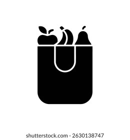 Black grocery bag icon filled with fruit, showcasing an apple with a leaf, a bunch of bananas, and a pear in a solid black silhouette.