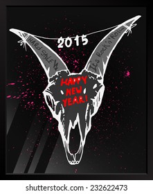 black  grotesque rock card Happy New Year with skull goats.