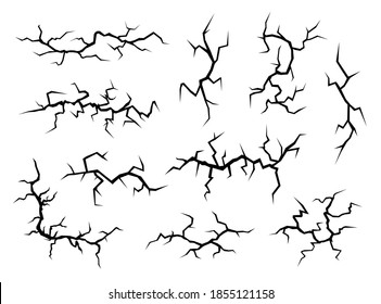 Black ground cracks isolated on white background. Abstract volcanic fissures set, vector decorative elements.