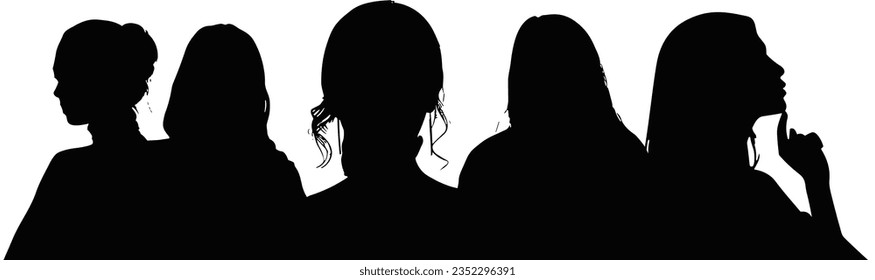 black Group of Women Silhouettes, Female Silhouettes, women portrait silhouettes illustration , Lady Silhouettes, Abstract Women illustration , Feminine Shadow Figures, Woman Silhouette Profile