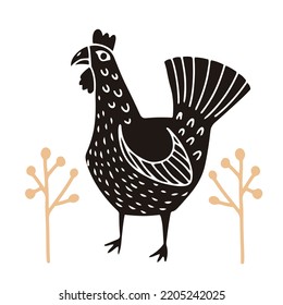 Black grouse standing in grass, hand drawn in linocut style, textured silhouette vector illustration , isolated on white