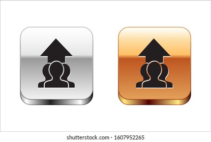 Black Growth chart and progress in people crowd icon isolated on white background. Arrow finance up. Businessman of success. Silver-gold square button. Vector Illustration