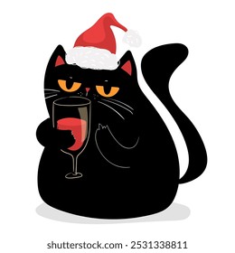 Black grumpy Cat in Santa hat drinking red Wine. Merry Christmas and Happy New Year. Vector illustration in flat style