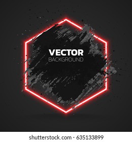 Black grunge abstract background template. Brush paint ink stroke design over hexagon 
neon frame. Good for headline, logo, poster, message, sale banner