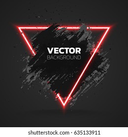 Black grunge abstract background template. Brush paint ink stroke design over triangle 
neon frame. Good for headline, logo, poster, message, sale banner
