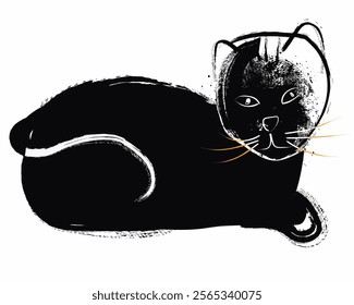 black grunge animal,hand drawn cat with paint brush strokes, cat silhouette vector art, Cute lazy black cat lay on ground vector silhouette.eps8