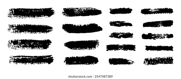 Black Grunge art brush pack. Thick and thin Strokes on white background, featuring different sizes and textures.