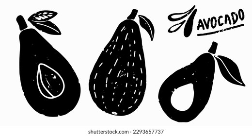 Schwarzer Grunge Avocado-Set. Silhouetten, Gestaltungselemente