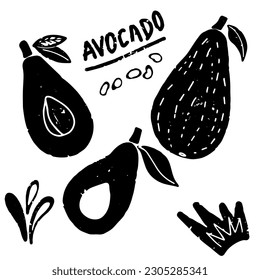 Black grunge avocado set. Silhouettes, elements for design