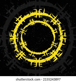 Black grunge background with ink blots and abstract yellow brushed symbol. Old norse viking mythology wallpaper with rune symbol. Tattoo sample pattern design