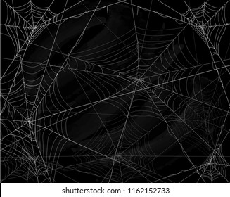 Black grunge background with spider webs, illustration.