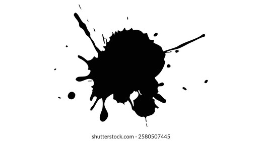 Black grunge background with splashes and blots. Black ink drops and paint splashes Hand drawn design element. Grunge brush stroke on a white background. Vector illustration