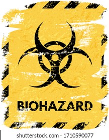 Black grunge biohazard sign isolated on yellow background and striped border. Vector design element