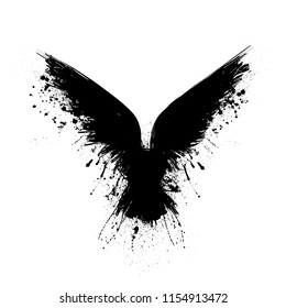 Black grunge bird silhouette with ink splash isolated on white background