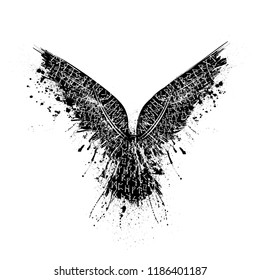 Black grunge bird silhouette with ink splash isolated on white background