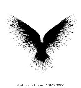 Black grunge bird silhouette with ink splash isolated on white background