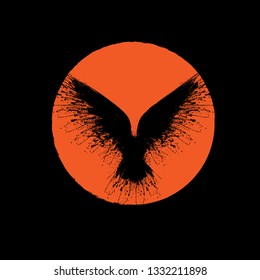Black grunge bird silhouette with ink splash isolated on red moon