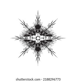 Black grunge bird silhouette with ink splash isolated on white background. Scandinavian runic circle symbol silhouette
