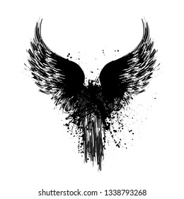 Black grunge bird wings silhouettes with ink splash isolated on white background