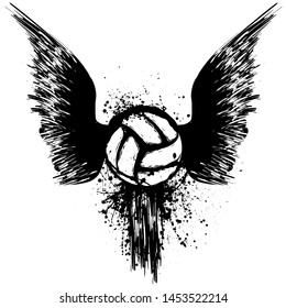 Black grunge bird wings silhouettes with volleyball isolated on white background