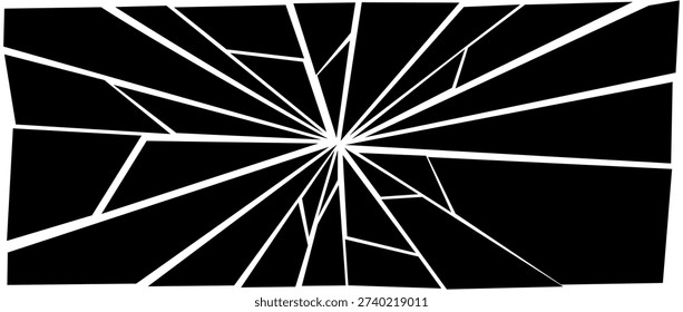 Black grunge broken texture. Damaged shattered glass effect background. Radial cracked lines explosion pattern. Fractured triangle fragments, pieces and shatters concept. Vector debris illustration 