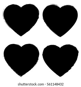 Black grunge brush hand drawn hearts silhouette set isolated on white. Valentine's day background. Vector illustration.