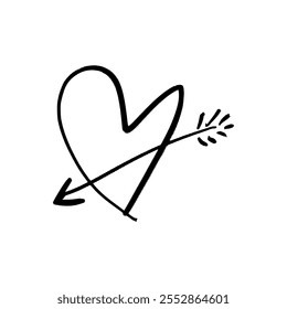 Black grunge brush heart pierced by Cupid arrow vector hand drawn symbol cute minimalistic illustration clip-art. Love Valentine symbol. Decor element for logo, label, emblem, poster, postcard, nail