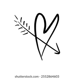 Black grunge brush heart pierced by Cupid arrow vector hand drawn symbol cute minimalistic illustration clip-art. Love Valentine symbol. Decor element for logo, label, emblem, poster, postcard, nail