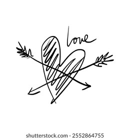 Black grunge brush heart pierced by Cupid arrow vector hand drawn symbol cute minimalistic illustration clip-art. Love Valentine symbol. Decor element for logo, label, emblem, poster, postcard, nail