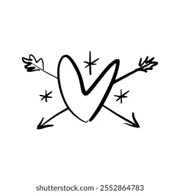 Black grunge brush heart pierced by Cupid arrow vector hand drawn symbol cute minimalistic illustration clip-art. Love Valentine symbol. Decor element for logo, label, emblem, poster, postcard, nail