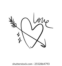 Black grunge brush heart pierced by Cupid arrow vector hand drawn symbol cute minimalistic illustration clip-art. Love Valentine symbol. Decor element for logo, label, emblem, poster, postcard, nail